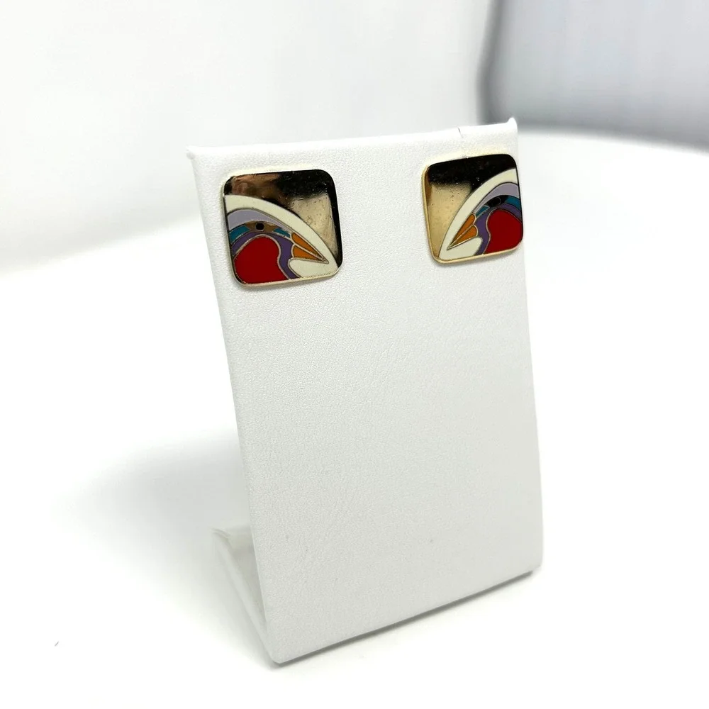 VTG Laurel‎ Burch Tori Mon Enamel Art Deco Square Stud Earrings Gold Tone